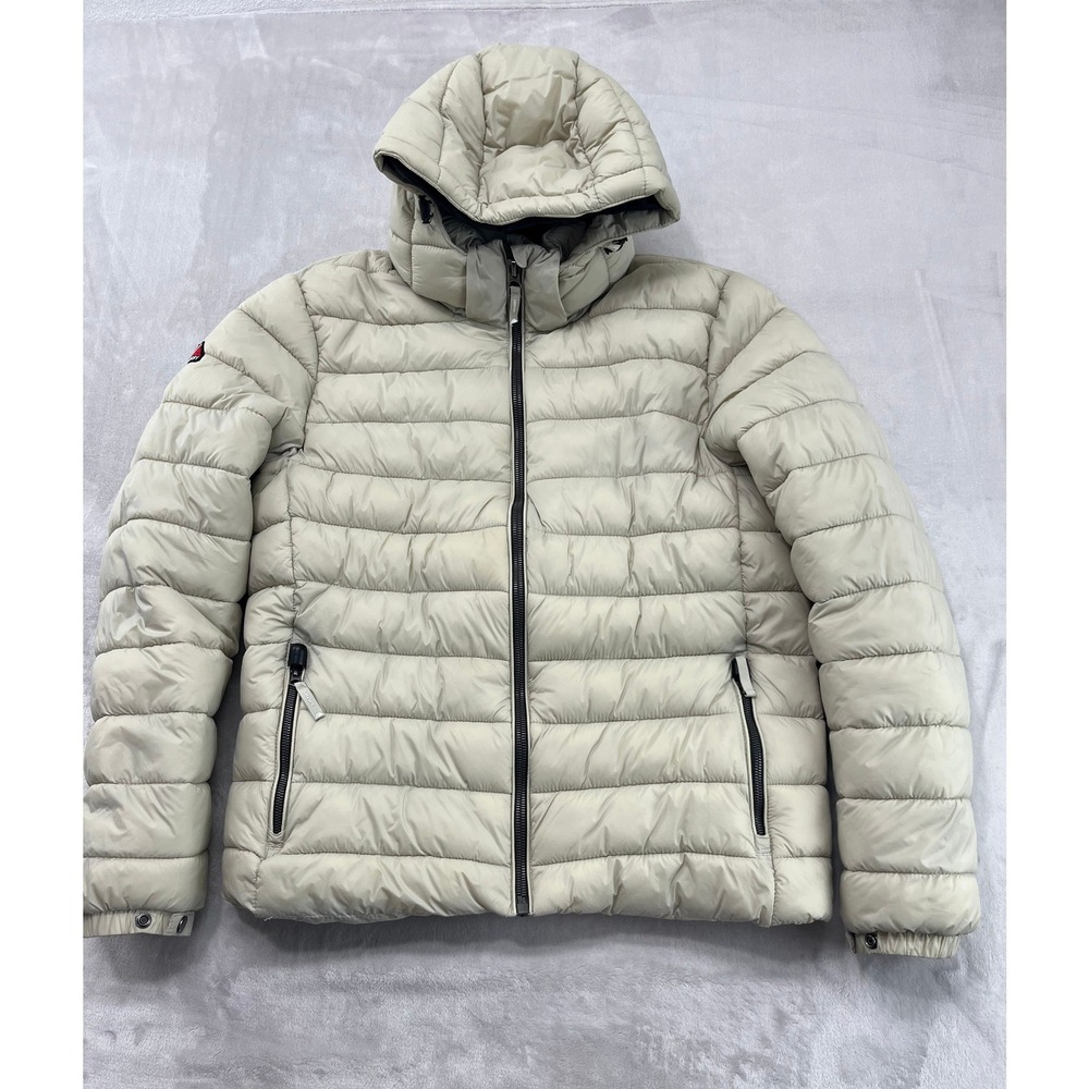 Superdry Fuji Puffer Jacket Mens Medium Beige Quilted Hooded Winter Coat Good